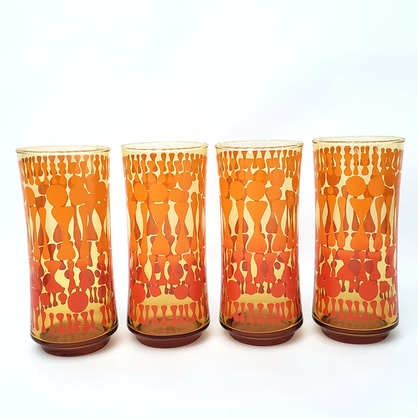 Vintage Mid Century Glass Tumbler Set of 7 Orange Geometric by Libbey Glass Co.