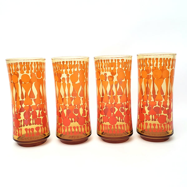 Vintage Mid Century Glass Tumbler Set of 7 Orange Geometric by Libbey Glass Co.
