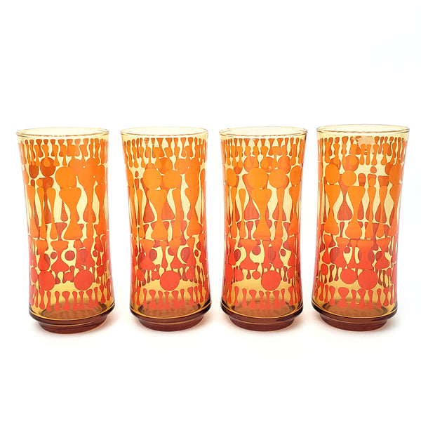 Vintage Mid Century Glass Tumbler Set of 7 Orange Geometric by Libbey Glass Co.