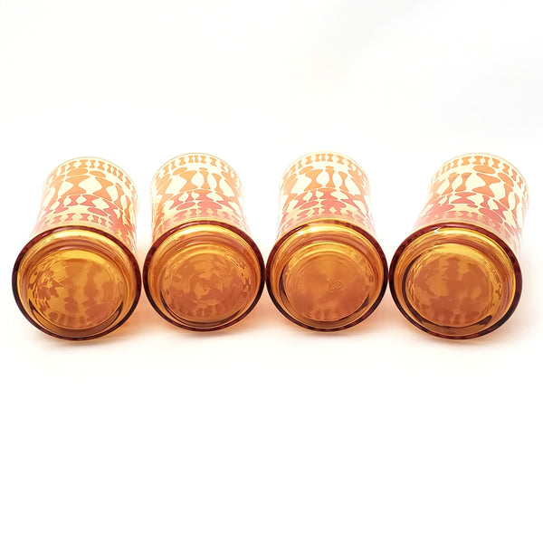 Vintage Mid Century Glass Tumbler Set of 7 Orange Geometric by Libbey Glass Co.