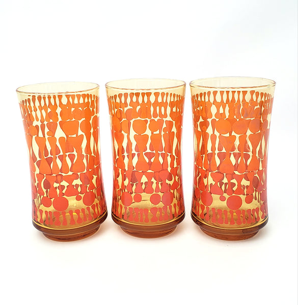 Vintage Mid Century Glass Tumbler Set of 7 Orange Geometric by Libbey Glass Co.