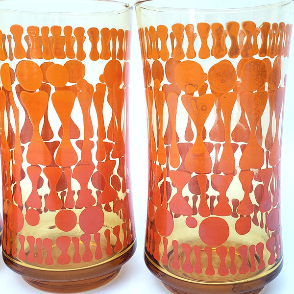 Vintage Mid Century Glass Tumbler Set of 7 Orange Geometric by Libbey Glass Co.