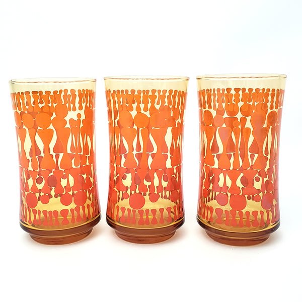 Vintage Mid Century Glass Tumbler Set of 7 Orange Geometric by Libbey Glass Co.
