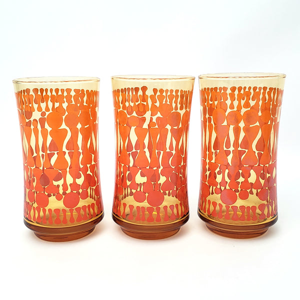 Vintage Mid Century Glass Tumbler Set of 7 Orange Geometric by Libbey Glass Co.