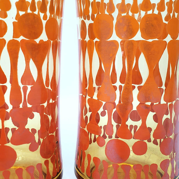 Vintage Mid Century Glass Tumbler Set of 7 Orange Geometric by Libbey Glass Co.