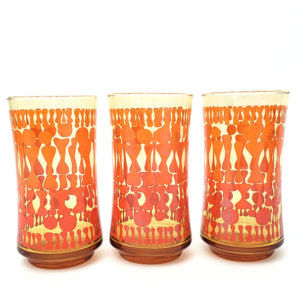 Vintage Mid Century Glass Tumbler Set of 7 Orange Geometric by Libbey Glass Co.