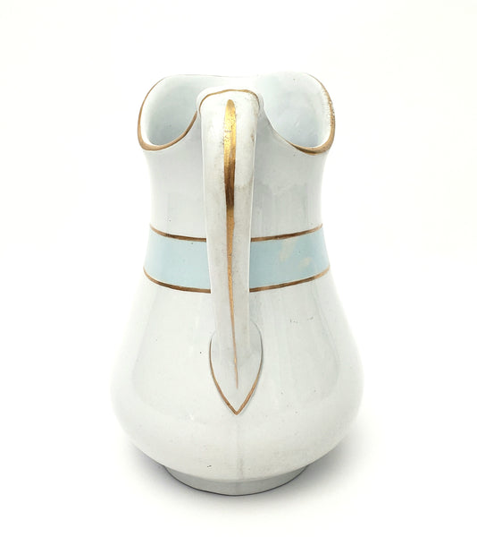 Antique White Ironstone Milk Pitcher Light Blue Band 7" by JW Pankhurst England