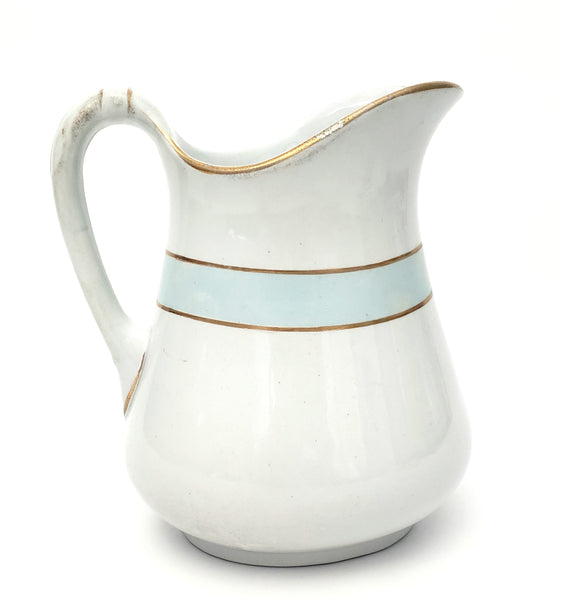 Antique White Ironstone Milk Pitcher Light Blue Band 7" by JW Pankhurst England