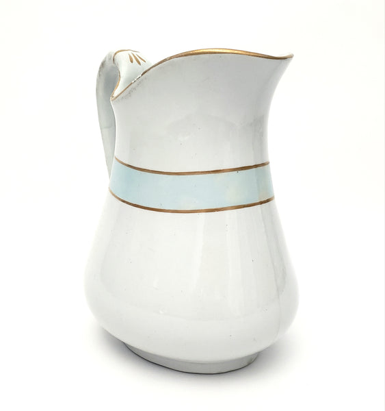 Antique White Ironstone Milk Pitcher Light Blue Band 7" by JW Pankhurst England