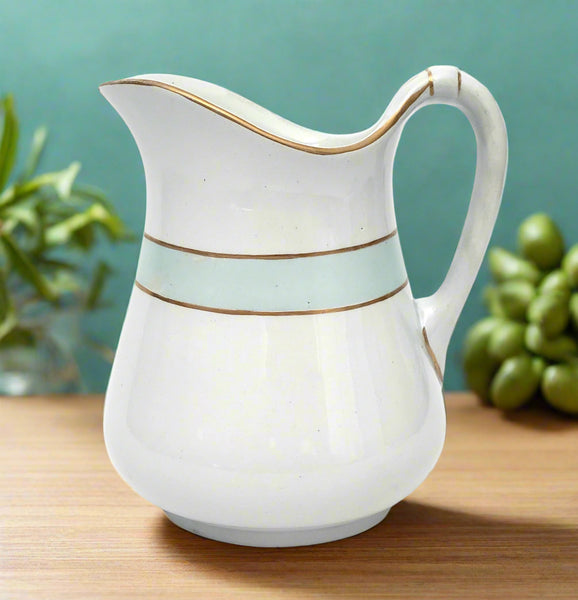 Antique White Ironstone Milk Pitcher Light Blue Band 7" by JW Pankhurst England