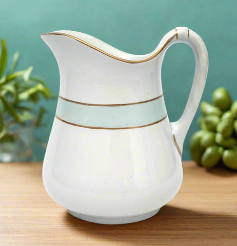 Antique White Ironstone Milk Pitcher Light Blue Band 7" by JW Pankhurst England
