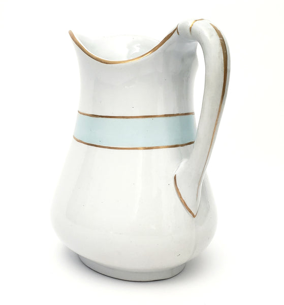 Antique White Ironstone Milk Pitcher Light Blue Band 7" by JW Pankhurst England