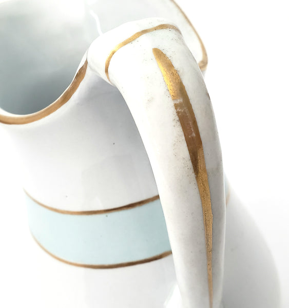 Antique White Ironstone Milk Pitcher Light Blue Band 7" by JW Pankhurst England