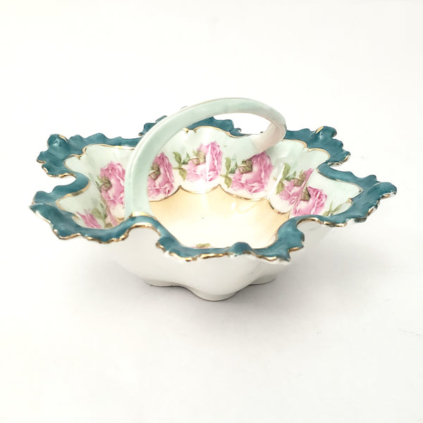 Antique Porcelain Trinket Dish with Twisted Handle Roses