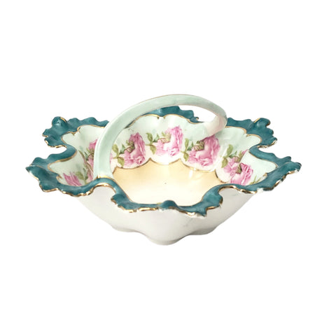 Antique Porcelain Trinket Dish with Twisted Handle Roses