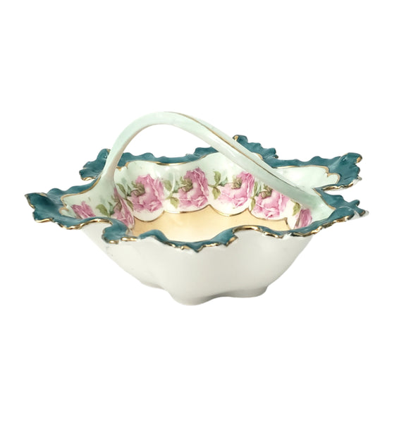 Antique Porcelain Trinket Dish with Twisted Handle Roses