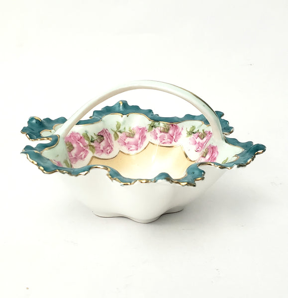 Antique Porcelain Trinket Dish with Twisted Handle Roses