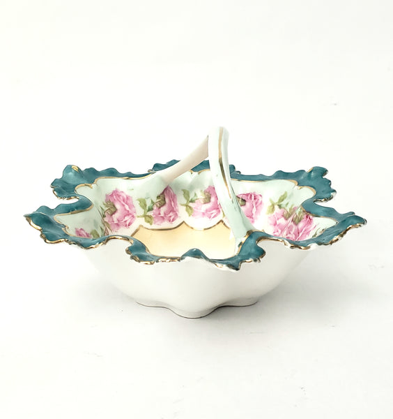 Antique Porcelain Trinket Dish with Twisted Handle Roses