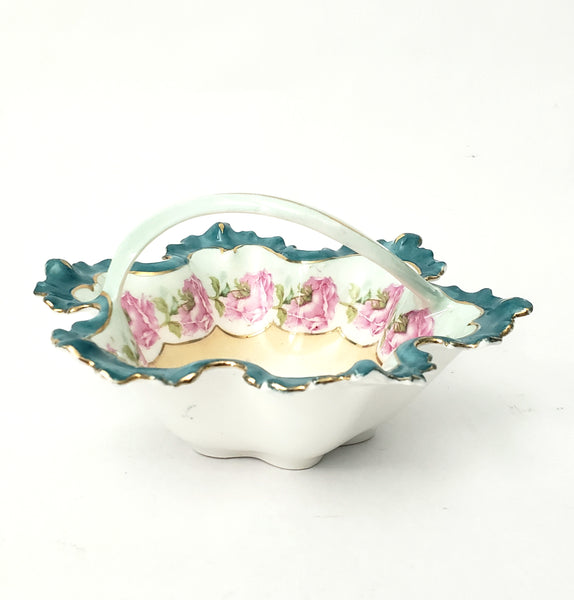 Antique Porcelain Trinket Dish with Twisted Handle Roses