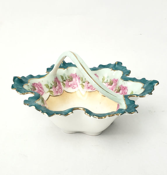 Antique Porcelain Trinket Dish with Twisted Handle Roses