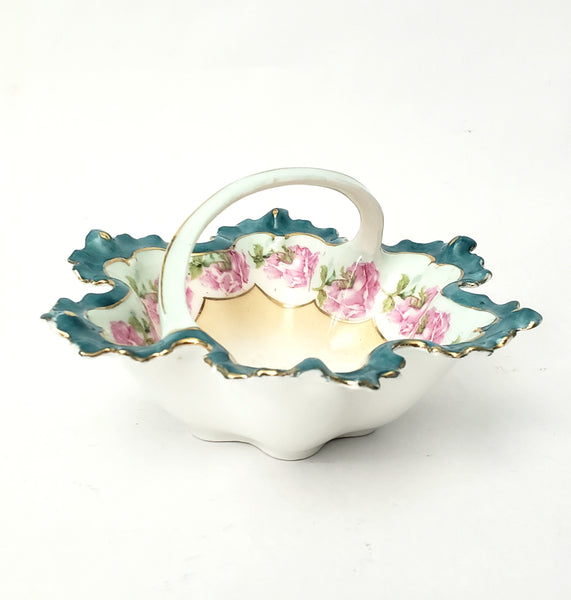 Antique Porcelain Trinket Dish with Twisted Handle Roses