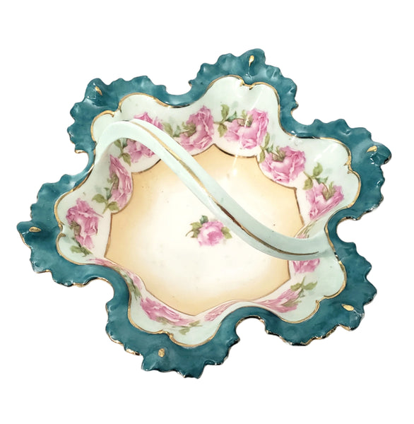 Antique Porcelain Trinket Dish with Twisted Handle Roses