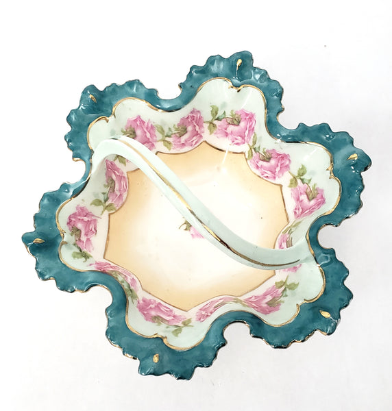 Antique Porcelain Trinket Dish with Twisted Handle Roses