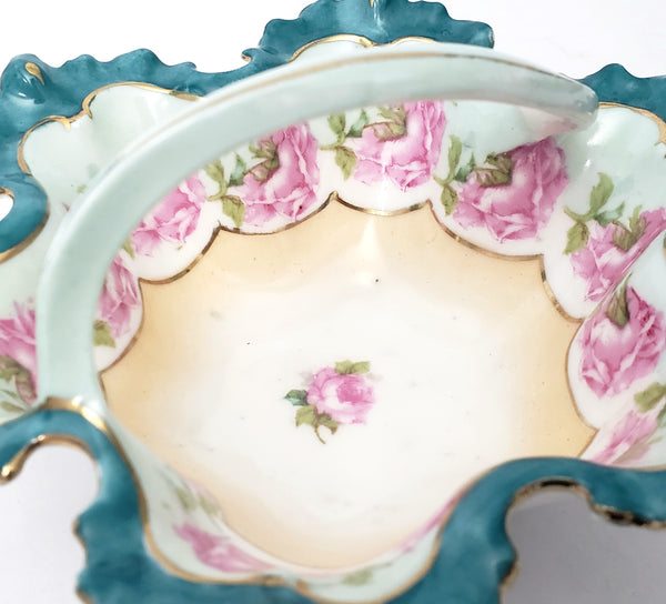 Antique Porcelain Trinket Dish with Twisted Handle Roses