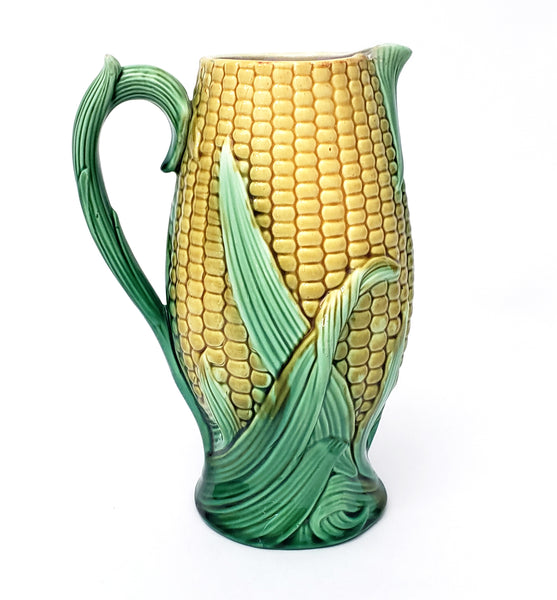 Majolica Corn & Husk Pitcher 9 1/4" Yellow & Green Pink Interior Not Perfect
