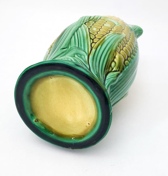 Majolica Corn & Husk Pitcher 9 1/4" Yellow & Green Pink Interior Not Perfect
