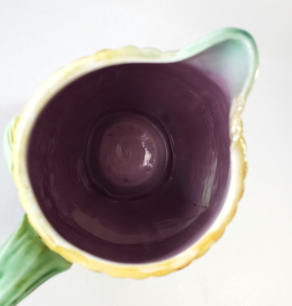 Majolica Corn & Husk Pitcher 9 1/4" Yellow & Green Pink Interior Not Perfect