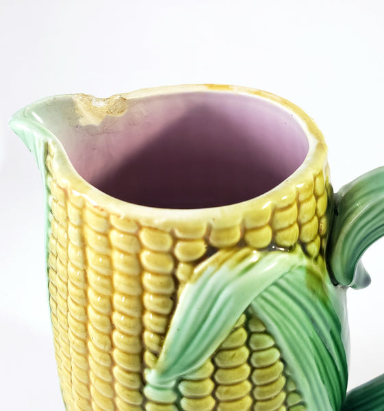 Majolica Corn & Husk Pitcher 9 1/4" Yellow & Green Pink Interior Not Perfect