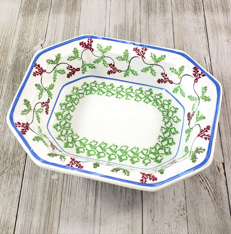 Antique Stick Spatterware Octagonal Vegetable Bowl Fern Pattern Red, Green