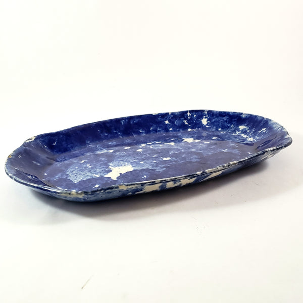 Antique Cobalt Blue and White Oval Stoneware Spongeware Platter 13"