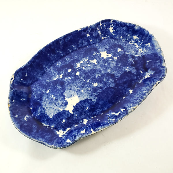 Antique Cobalt Blue and White Oval Stoneware Spongeware Platter 13"