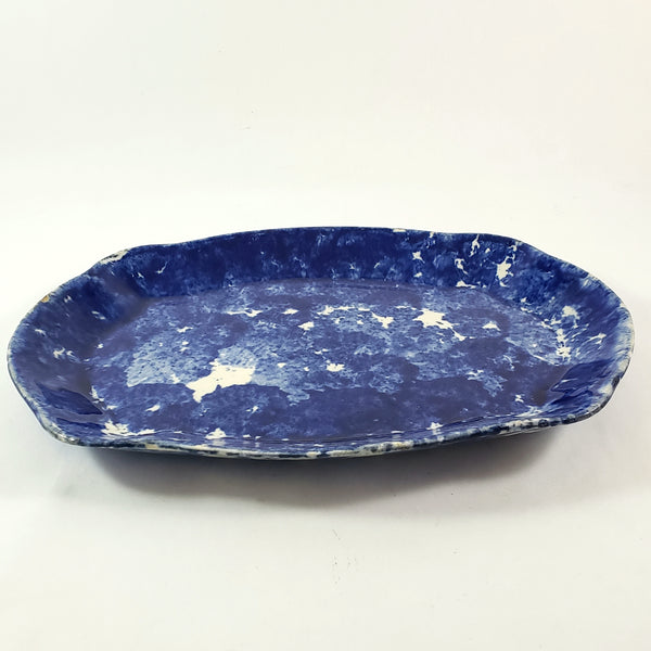 Antique Cobalt Blue and White Oval Stoneware Spongeware Platter 13"