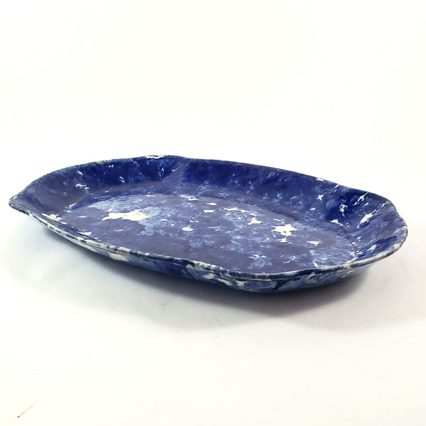Antique Cobalt Blue and White Oval Stoneware Spongeware Platter 13"