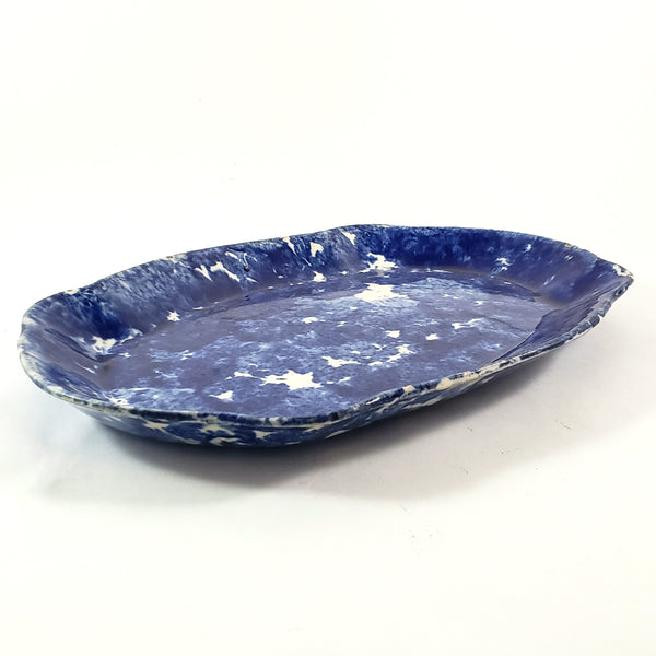 Antique Cobalt Blue and White Oval Stoneware Spongeware Platter 13"