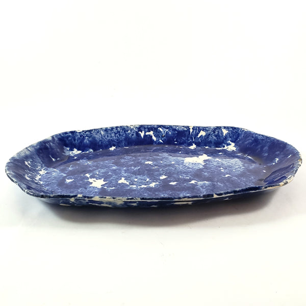 Antique Cobalt Blue and White Oval Stoneware Spongeware Platter 13"