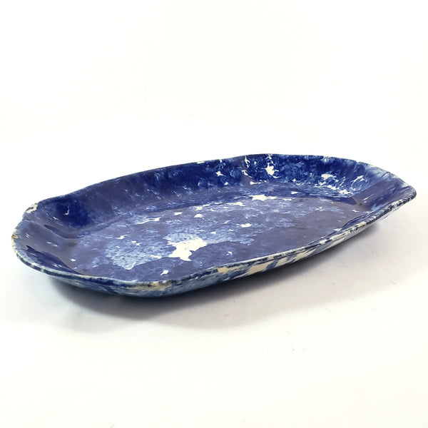 Antique Cobalt Blue and White Oval Stoneware Spongeware Platter 13"