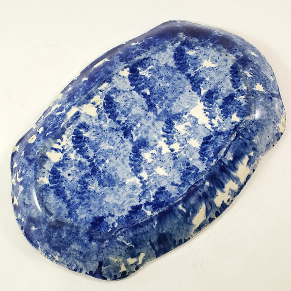 Antique Cobalt Blue and White Oval Stoneware Spongeware Platter 13"