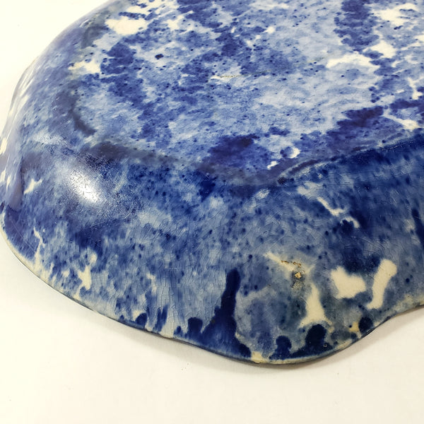 Antique Cobalt Blue and White Oval Stoneware Spongeware Platter 13"