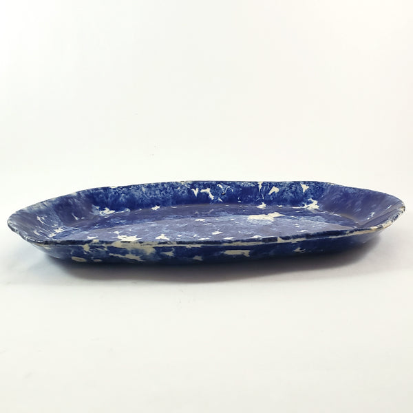 Antique Cobalt Blue and White Oval Stoneware Spongeware Platter 13"