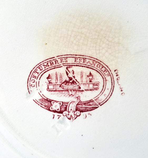 Antique English Red Transferware Plate Costumbres Espanoles 10 1/2"