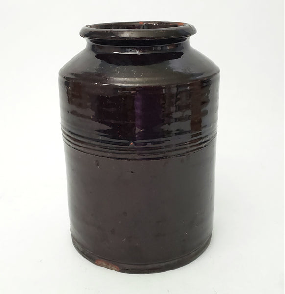 Antique Dark Brown Glazed Redware Jar 8 1/4" 2 Quart