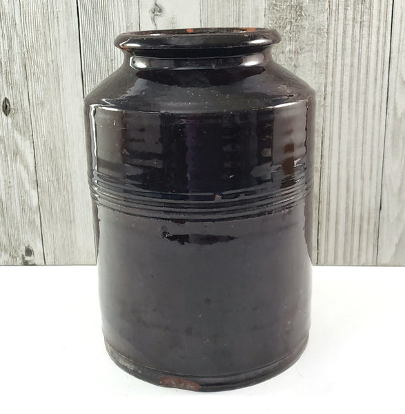 Antique Dark Brown Glazed Redware Jar 8 1/4"