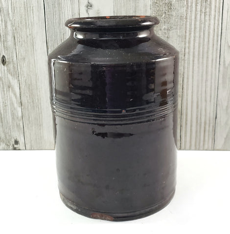 Antique Dark Brown Glazed Redware Jar 8 1/4"