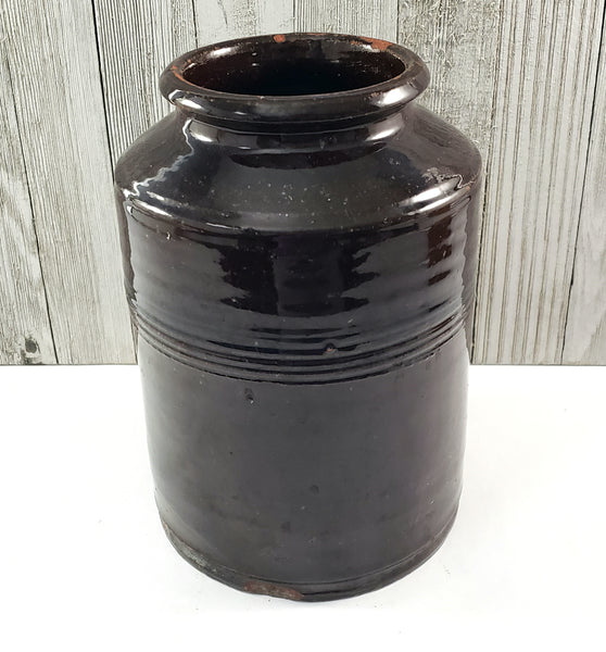 Antique Dark Brown Glazed Redware Jar 8 1/4" 2 Quart