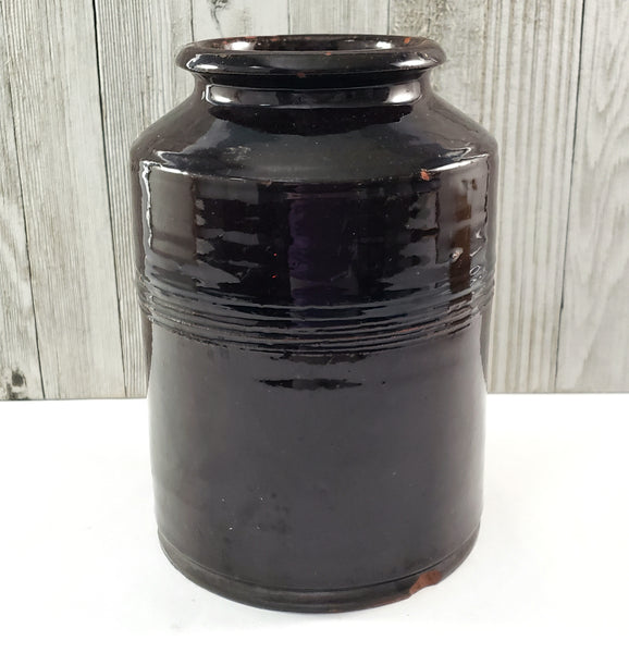 Antique Dark Brown Glazed Redware Jar 8 1/4" 2 Quart