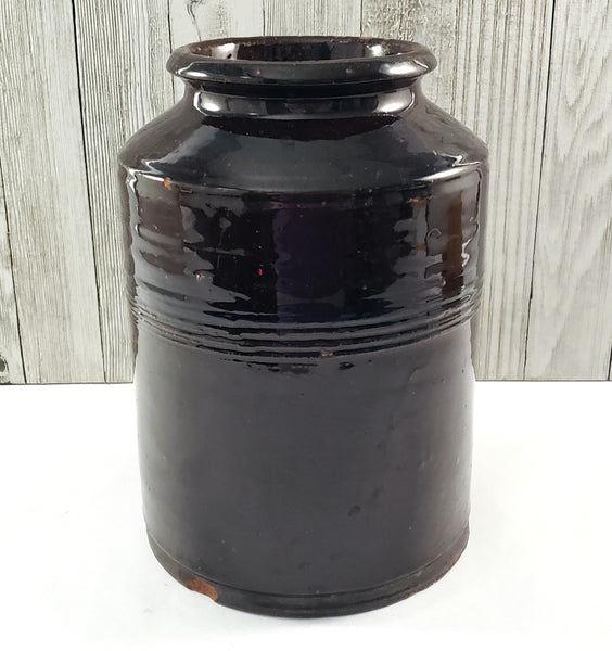 Antique Dark Brown Glazed Redware Jar 8 1/4" 2 Quart